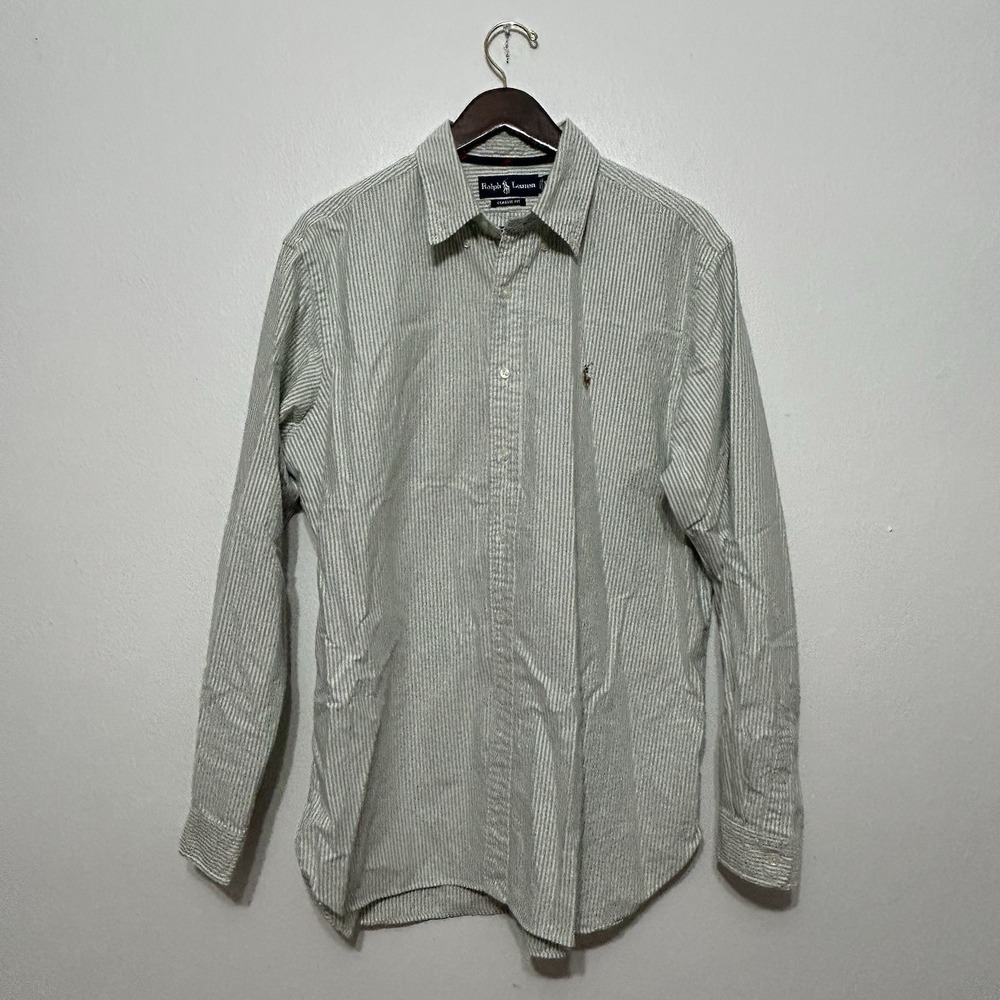 Ralph Lauren Green Striped Long Sleeve Button Up Classic Fit Shirt Men's Size XL